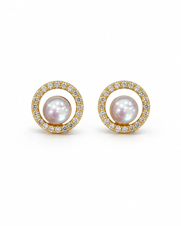 Diamond-Accent Circle Frame Pink Pearl Stud Earrings