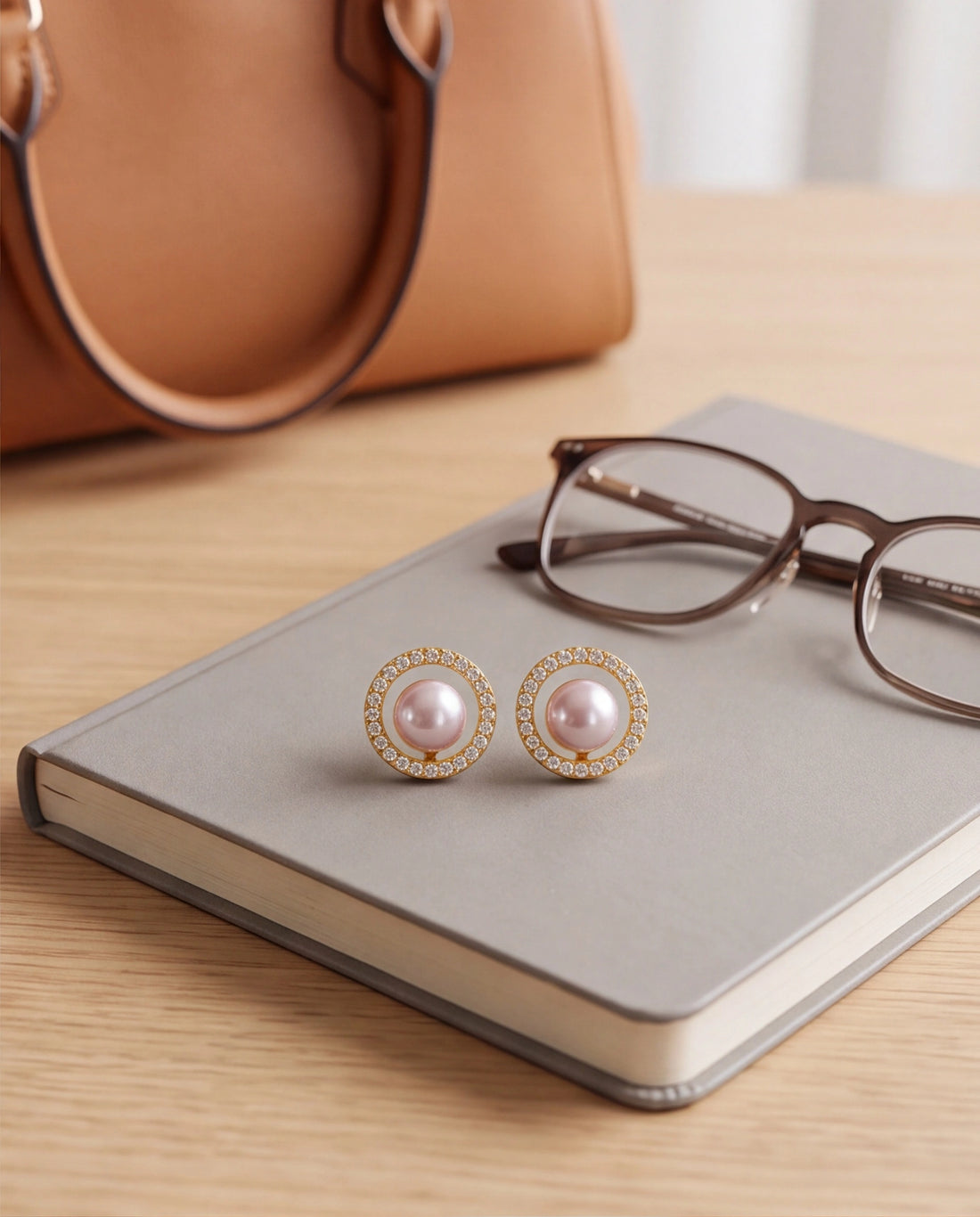 Diamond-Accent Circle Frame Pink Pearl Stud Earrings