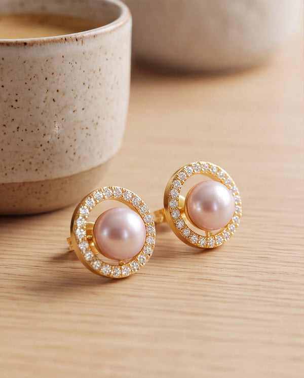 Diamond-Accent Circle Frame Pink Pearl Stud Earrings