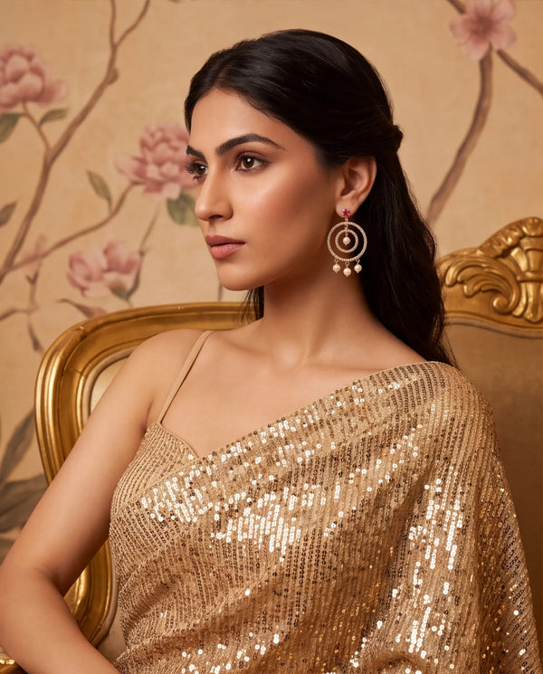 Gold-Plated Concentric Hoop Drop Pearl Earrings with Ruby-Pink CZ
