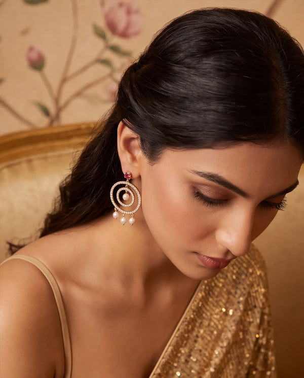Gold-Plated Concentric Hoop Drop Pearl Earrings with Ruby-Pink CZ