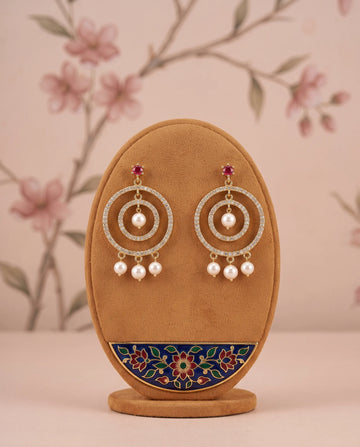Gold-Plated Concentric Hoop Drop Pearl Earrings with Ruby-Pink CZ