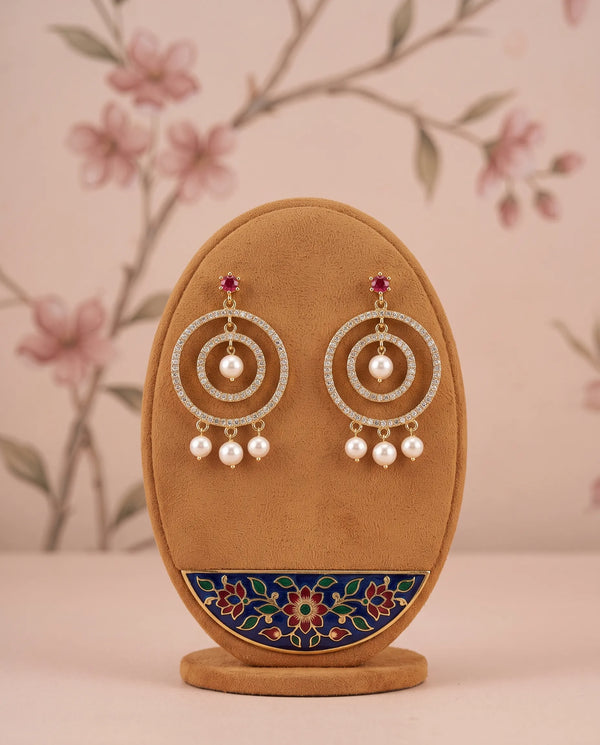 Gold-Plated Concentric Hoop Drop Pearl Earrings with Ruby-Pink CZ
