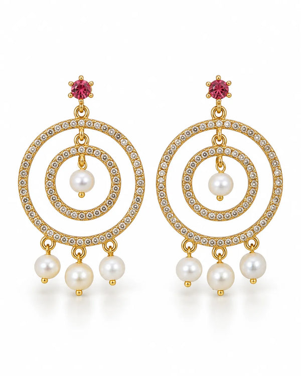 Gold-Plated Concentric Hoop Drop Pearl Earrings with Ruby-Pink CZ
