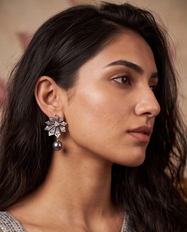 Silver-Tone Geometric Starburst Pearl Earrings