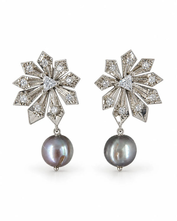 Silver-Tone Geometric Starburst Pearl Earrings