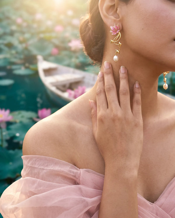 Pink Enamel Lotus Vine Pearl Drop Earrings