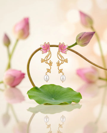 Pink Enamel Lotus Vine Pearl Drop Earrings