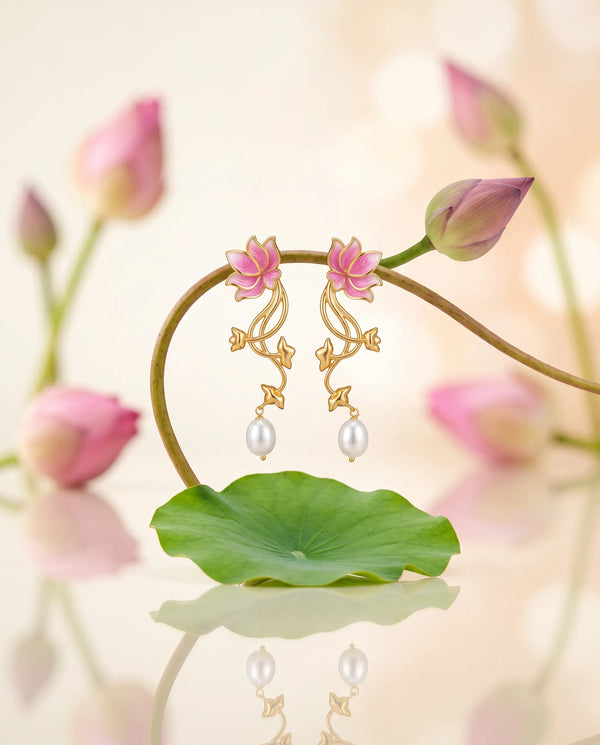 Pink Enamel Lotus Vine Pearl Drop Earrings