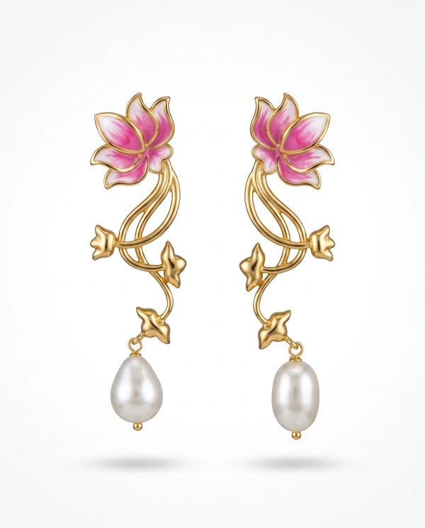 Pink Enamel Lotus Vine Pearl Drop Earrings