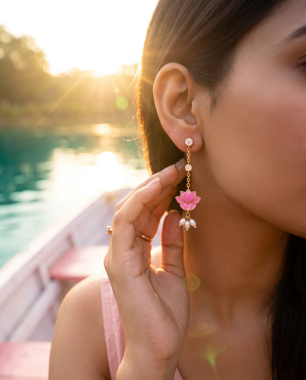 Pink Enamel Lotus CZ Chain Pearl Linear Drop Earrings
