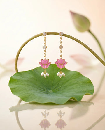 Pink Enamel Lotus CZ Chain Pearl Linear Drop Earrings