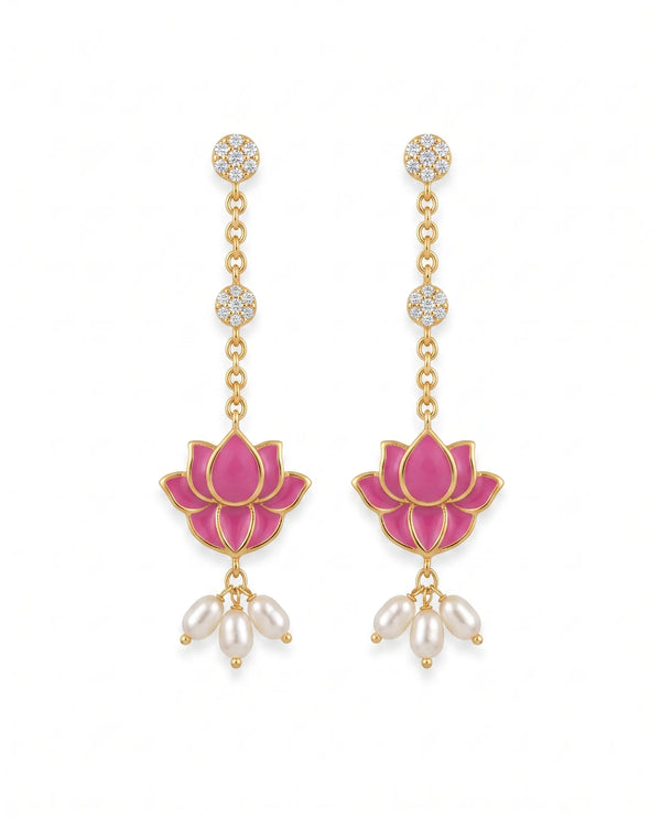 Pink Enamel Lotus CZ Chain Pearl Linear Drop Earrings