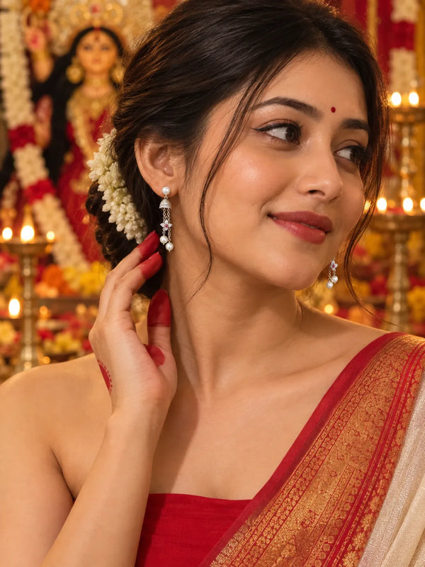 Silver-Tone Dome Drop Pearl Earrings