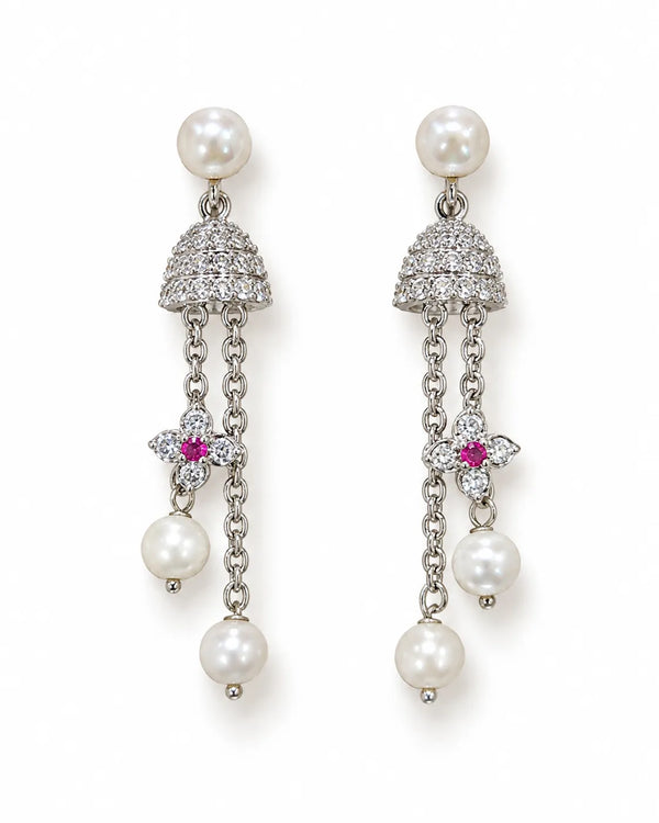 Silver-Tone Dome Drop Pearl Earrings
