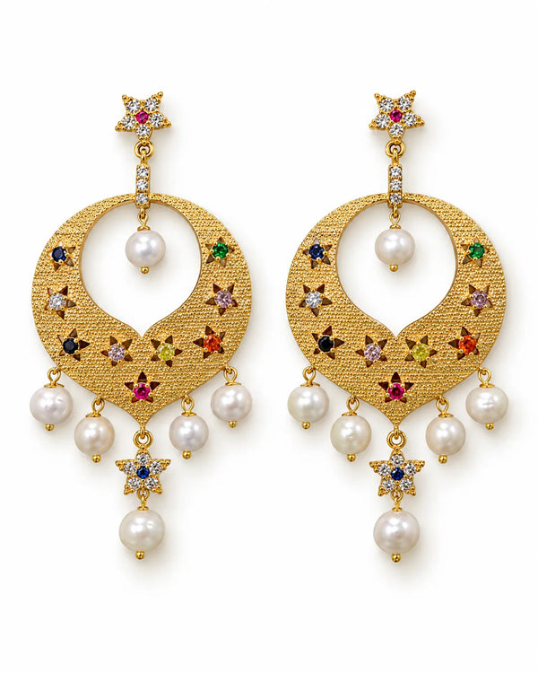 Gold-Tone Textured Crescent Multicolored CZ Pearl Chandelier Earrings