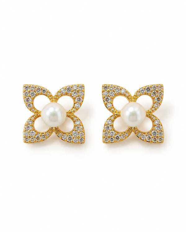 Gold-Tone Four-Petal Floral Pearl Stud Earrings