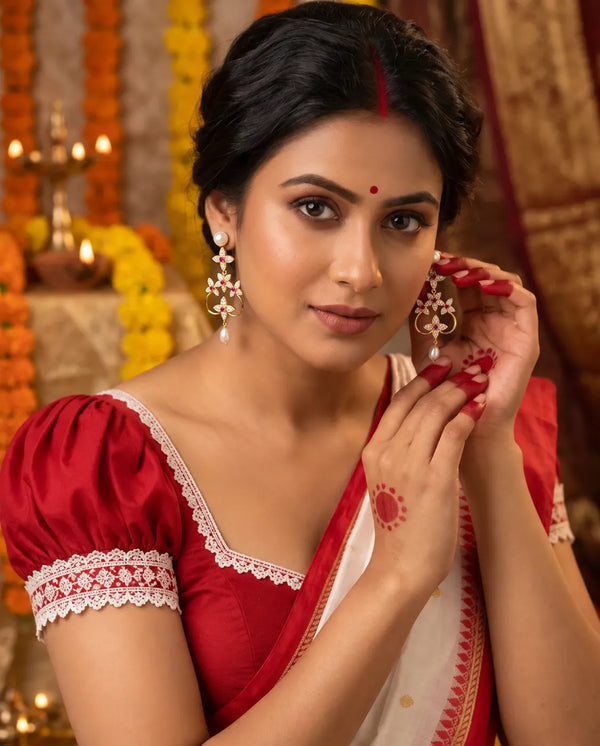 Gold-Tone Ruby CZ Floral Pearl Chandelier Earrings