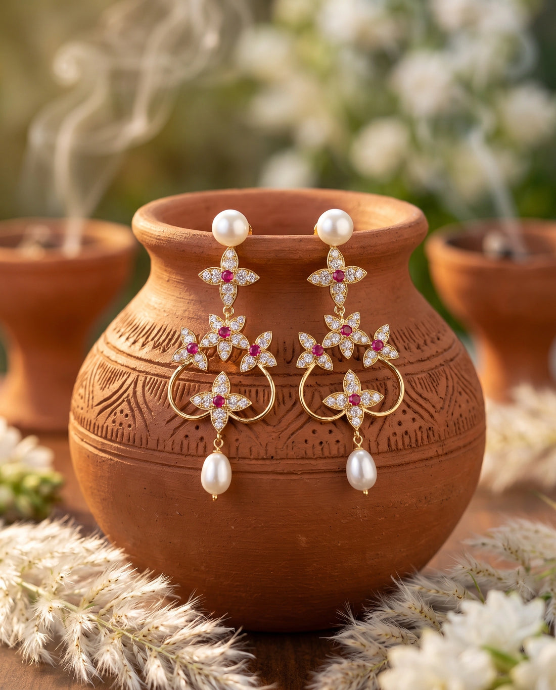 Gold-Tone Ruby CZ Floral Pearl Chandelier Earrings