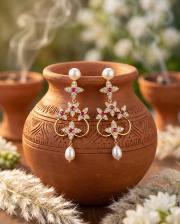 Gold-Tone Ruby CZ Floral Pearl Chandelier Earrings