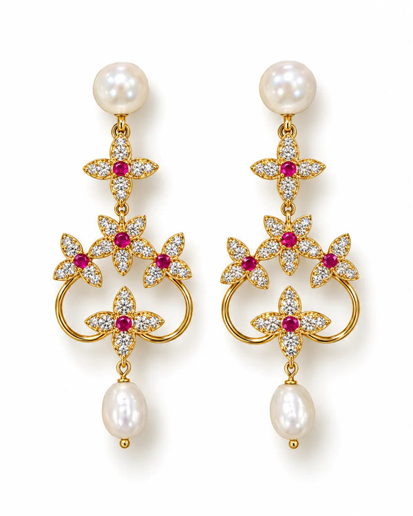 Gold-Tone Ruby CZ Floral Pearl Chandelier Earrings