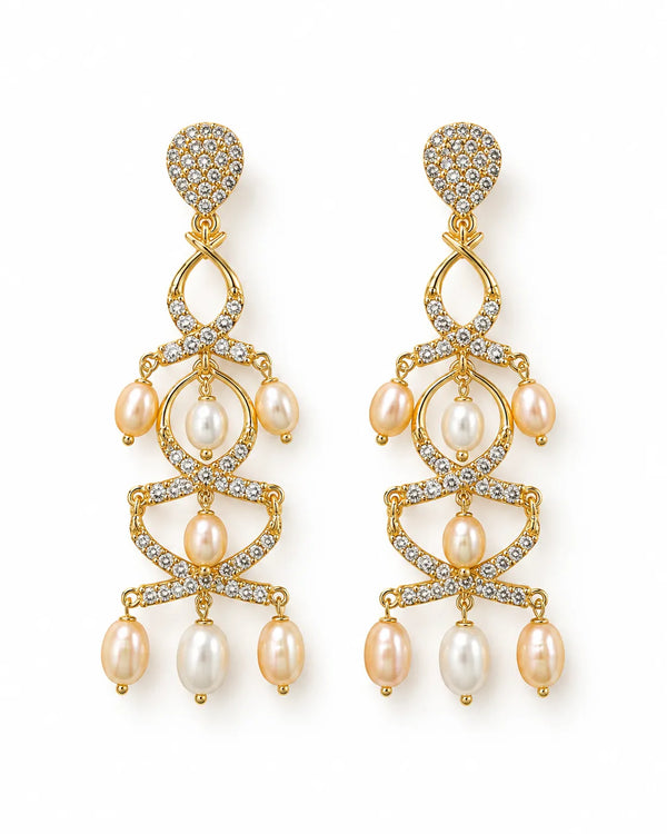 Gold-Tone CZ Tiered Crossover Pearl Chandelier Earrings