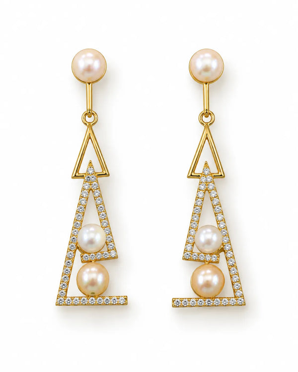 Gold-Tone CZ Geometric Triangular Pearl Drop Earrings