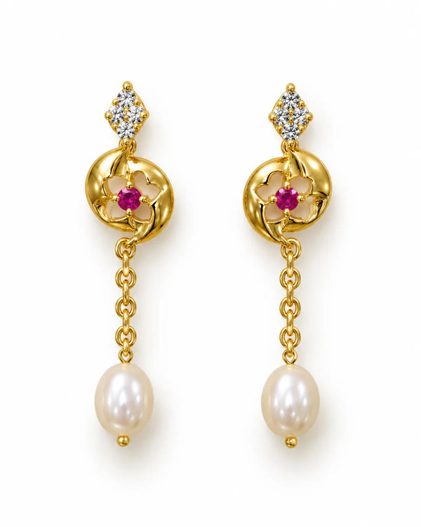 Gold-Tone Ruby CZ Swirl Drop Pearl Earrings