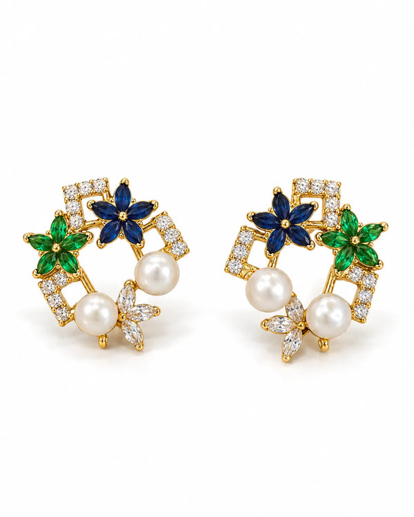 Gold-Tone CZ Floral Wreath Pearl Earrings