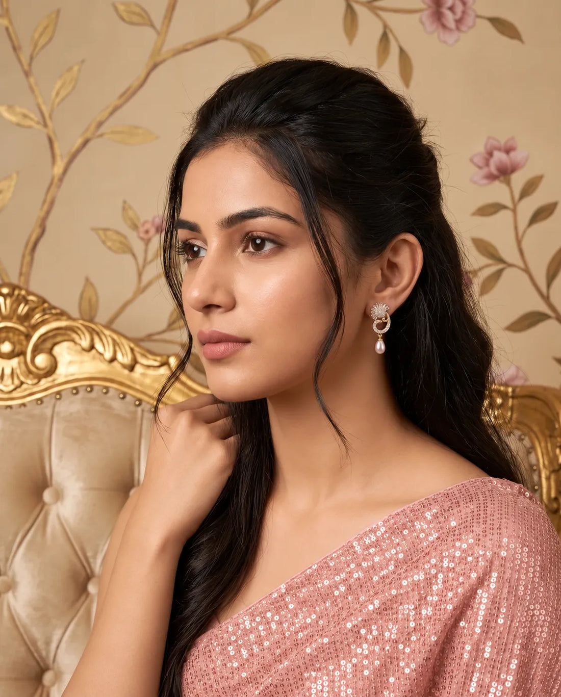 Gold-Tone Art Deco Paisley CZ Earrings with Teardrop Pearl Drops