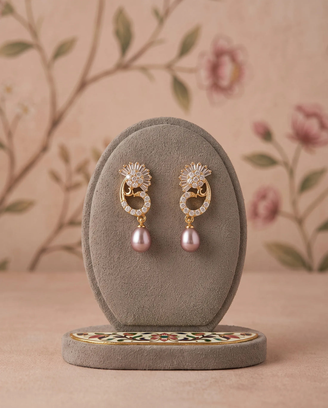Gold-Tone Art Deco Paisley CZ Earrings with Teardrop Pearl Drops