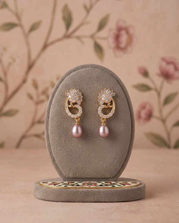 Gold-Tone Art Deco Paisley CZ Earrings with Teardrop Pearl Drops