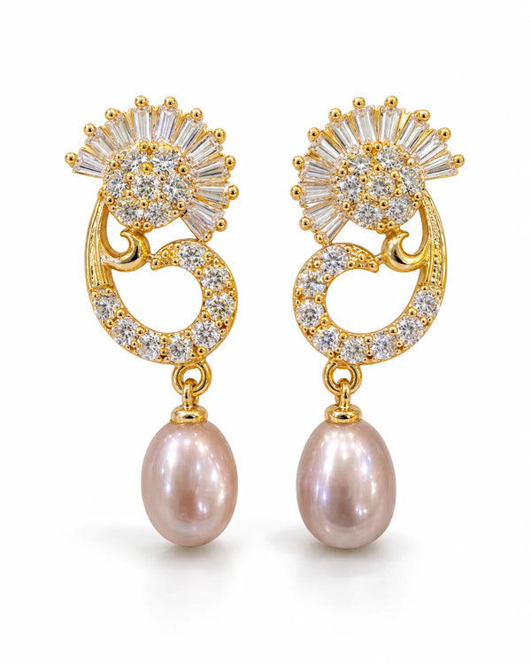 Gold-Tone Art Deco Paisley CZ Earrings with Teardrop Pearl Drops