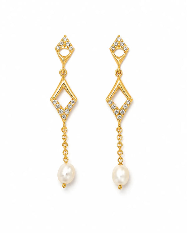 Gold-Tone Geometric Diamond-Shape CZ & Freshwater Pearl Drop Earrings