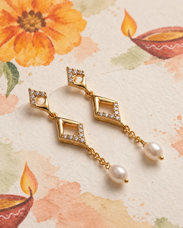 Gold-Tone Geometric Diamond-Shape CZ & Freshwater Pearl Drop Earrings