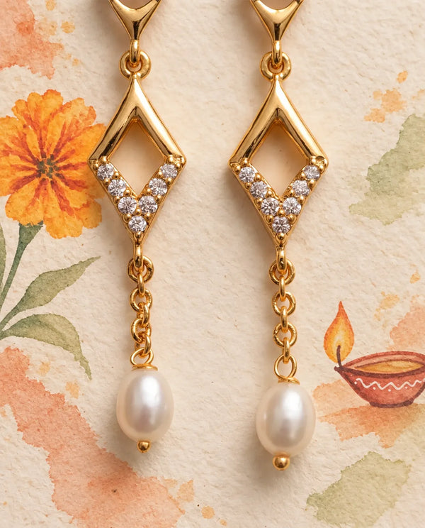 Gold-Tone Geometric Diamond-Shape CZ & Freshwater Pearl Drop Earrings