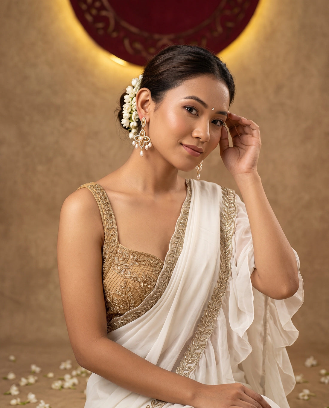 Gold-Tone Floral Filigree CZ Chandelier Earrings with Freshwater Pearl Fringes