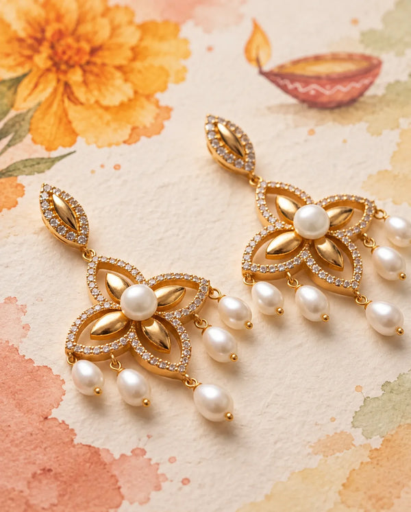 Gold-Tone Floral Filigree CZ Chandelier Earrings with Freshwater Pearl Fringes