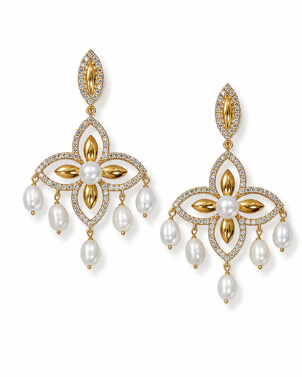 Gold-Tone Floral Filigree CZ Chandelier Earrings with Freshwater Pearl Fringes