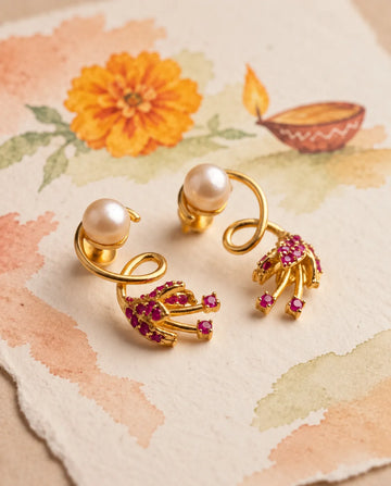 Gold-Tone Swirl Drop Earrings with Ruby-Red Stones & Freshwater Pearl Accent