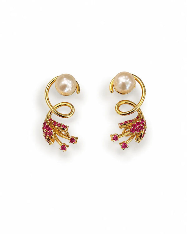 Gold-Tone Swirl Drop Earrings with Ruby-Red Stones & Freshwater Pearl Accent
