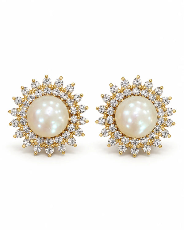 Gold-Tone Pearl & Sunburst Cubic Zirconia Statement Stud Earrings
