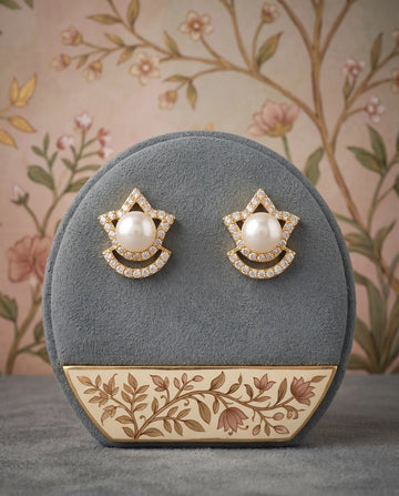 Gold-Tone Pearl & Geometric Crown Cubic Zirconia Stud Earrings