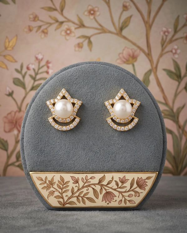 Gold-Tone Pearl & Geometric Crown Cubic Zirconia Stud Earrings