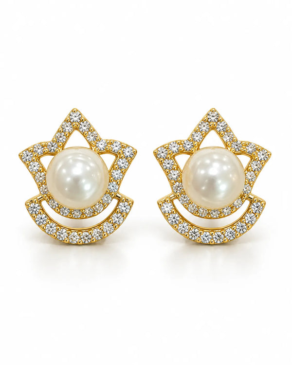 Gold-Tone Pearl & Geometric Crown Cubic Zirconia Stud Earrings
