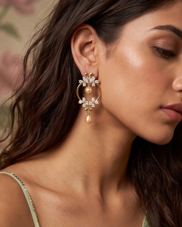 Gold-Plated Openwork Hoop Pearl Drop Earrings