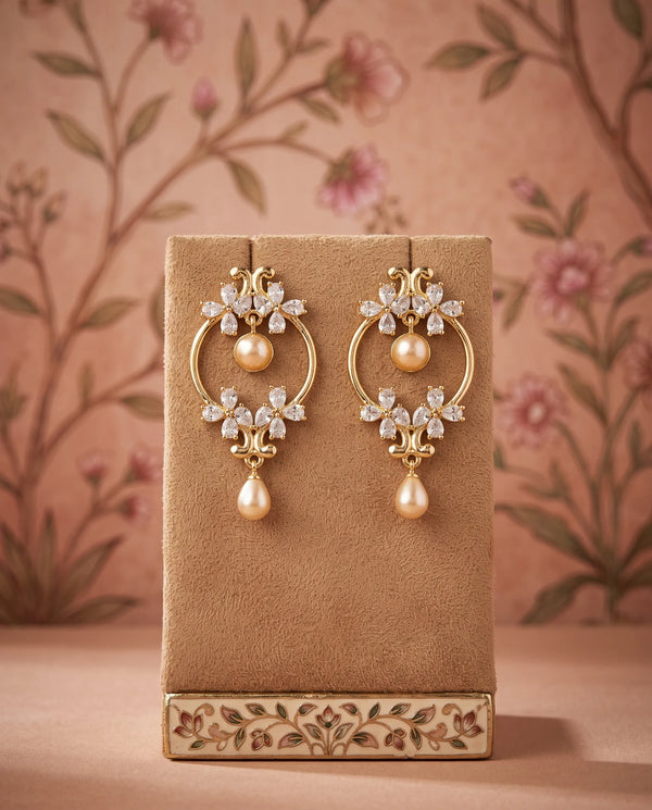 Gold-Plated Openwork Hoop Pearl Drop Earrings