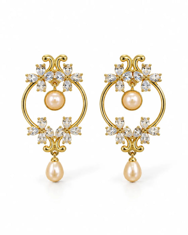 Gold-Plated Openwork Hoop Pearl Drop Earrings