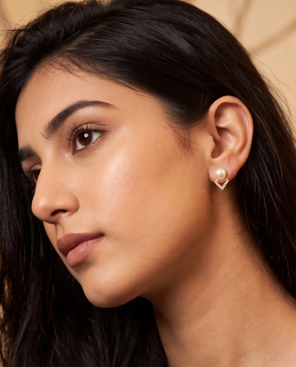 Gold-Plated Geometric Diamond-Frame Pearl Stud Earrings