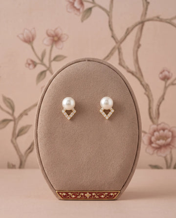 Gold-Plated Geometric Diamond-Frame Pearl Stud Earrings